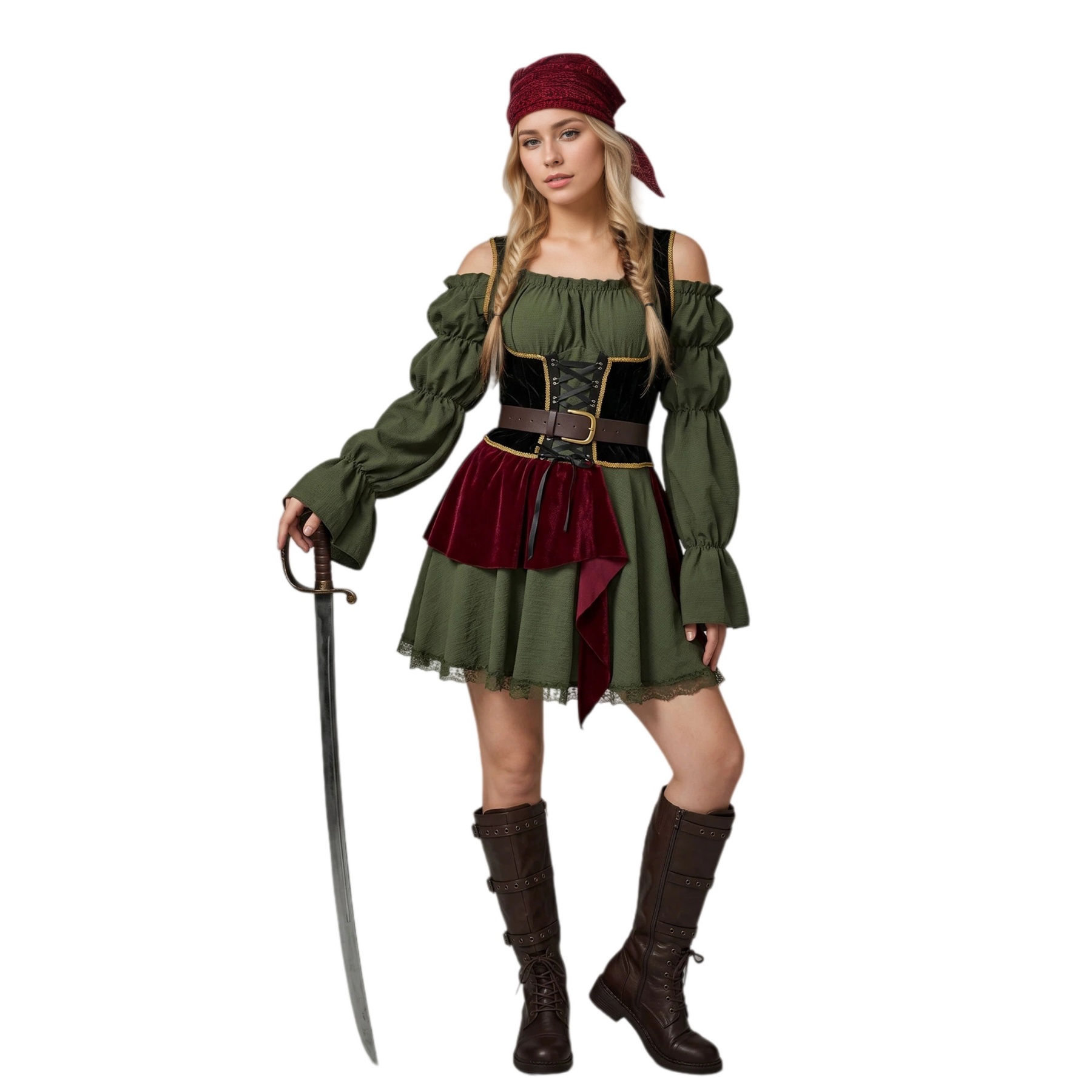 Women Vintage Pirate Dress Halloween Cosplay Costume Medieval Renaissance Outfit